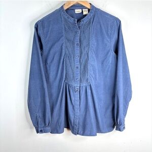 LL Bean Pintuck Corduroy Prairie Top S Blue Button Bib Long Sleeve Cottage Retro
